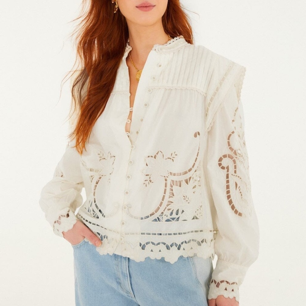 FARM Rio Off-White Richelieu Puff Sleeve Blouse